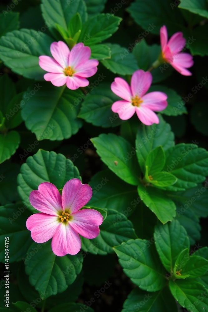 Dark green leafy greens with delicate pink flowers, botanical, garden, plant