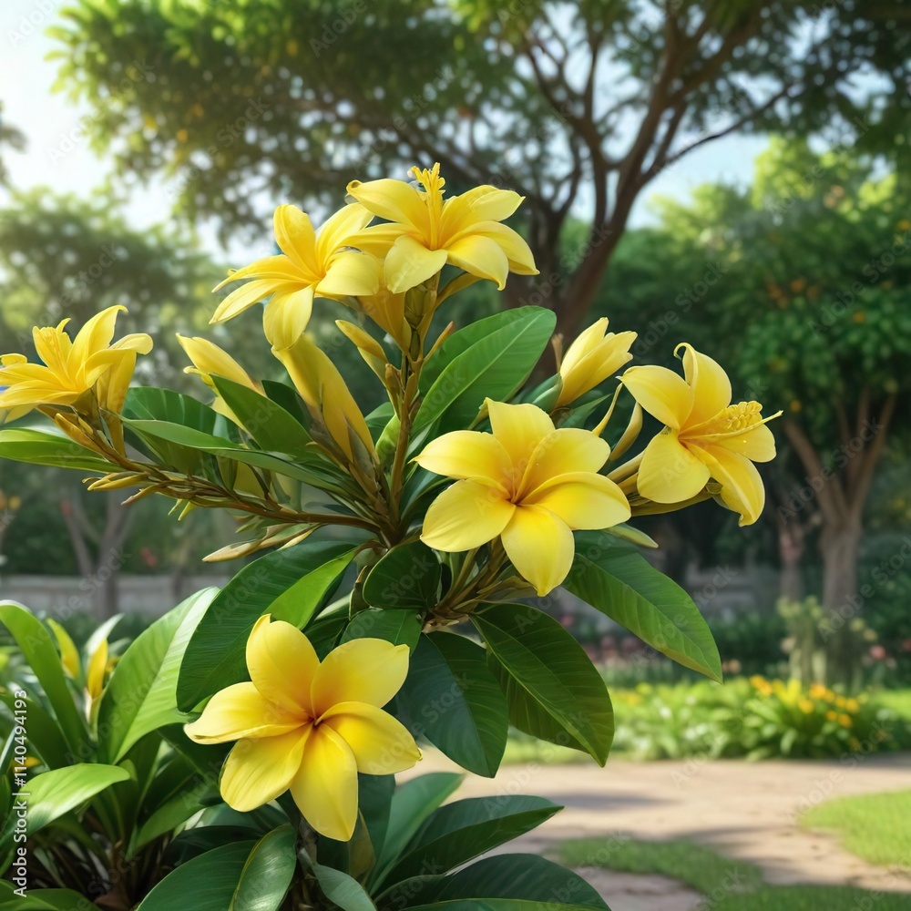 Fototapeta premium A bright yellow frangipani flower blooms in a lush green garden, its petals gently swaying in the soft morning breeze, botanical, frangipani, plant
