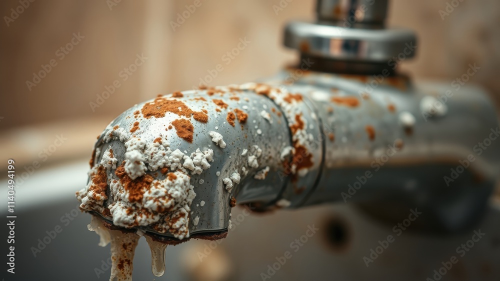 Close-up of a severely corroded faucet spout, showing extensive mineral buildup and rust Close-up of a severely corroded faucet spout, showing extensive mineral buildup and rust