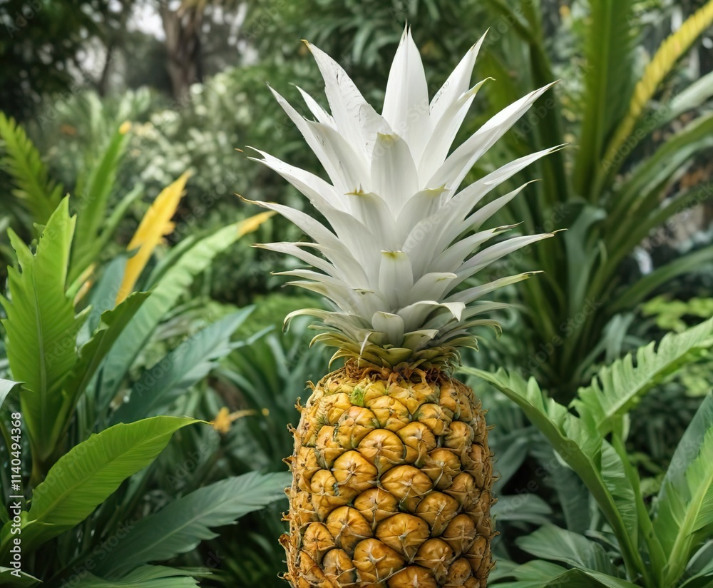White and yellow ananas with green leaves in a botanical garden, foliage, White and yellow ananas with green leaves in a botanical garden, foliage,