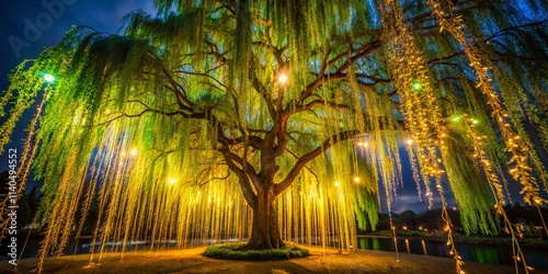 Low Light Weeping Willow Photography: Glowing Vines & Tree, Night Scene, Magical Forest, Dark Fantasy, Illuminated Nature