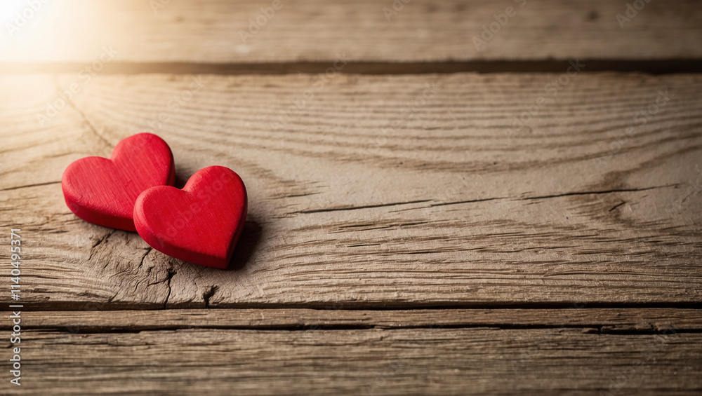 Two Red Hearts on a Rustic Wooden Surface Two Red Hearts on a Rustic Wooden Surface