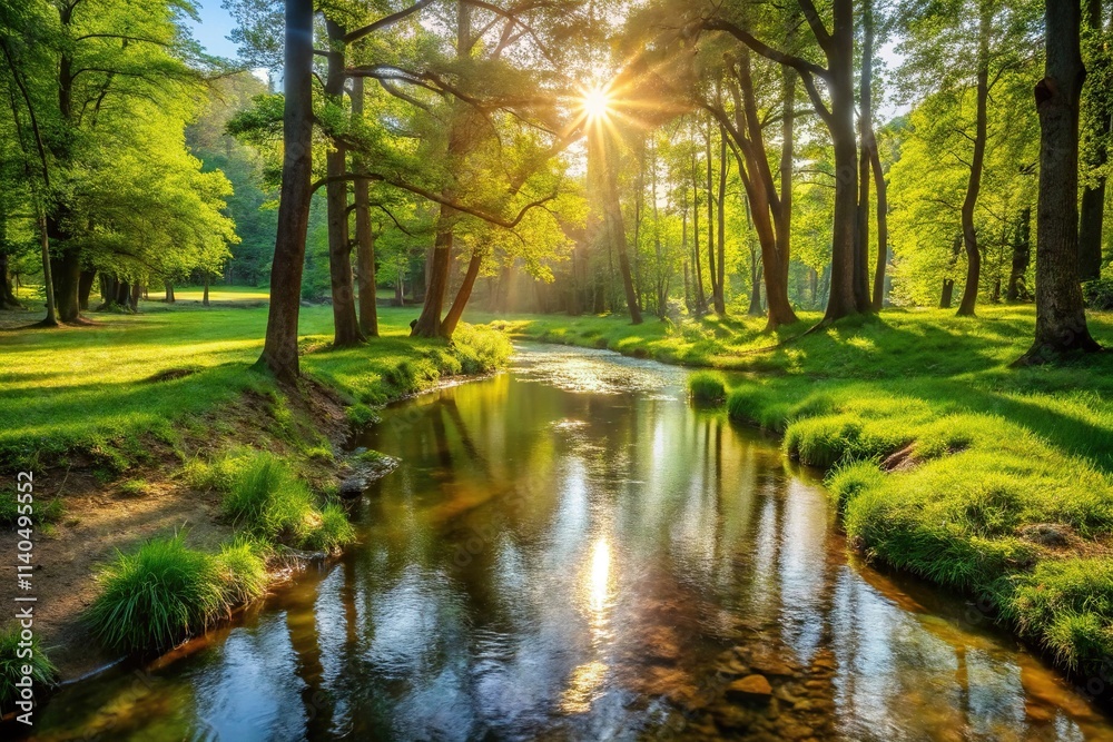 Obraz premium Sunlit forest glade with flowing stream