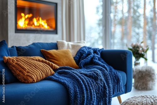 Cozy living room with blue sofa and warm fireplace in a modern home setting