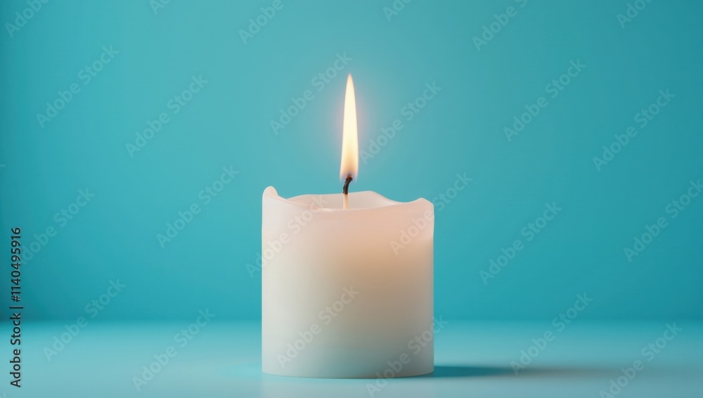 White wax candle burning with bright yellow flame on turquoise background White wax candle burning with bright yellow flame on turquoise background