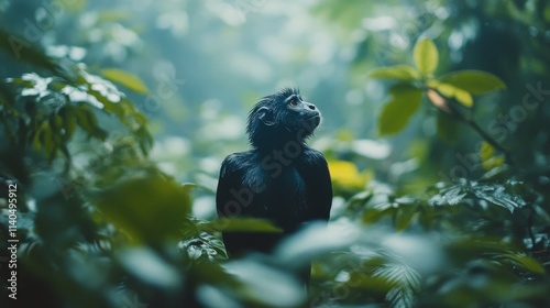 Curious young monkey explores tropical forest during golden hour
