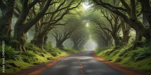 Winding asphalt road through a tunnel of ancient Scottish trees with ferns and moss covering the trunks, , rustic charm photo