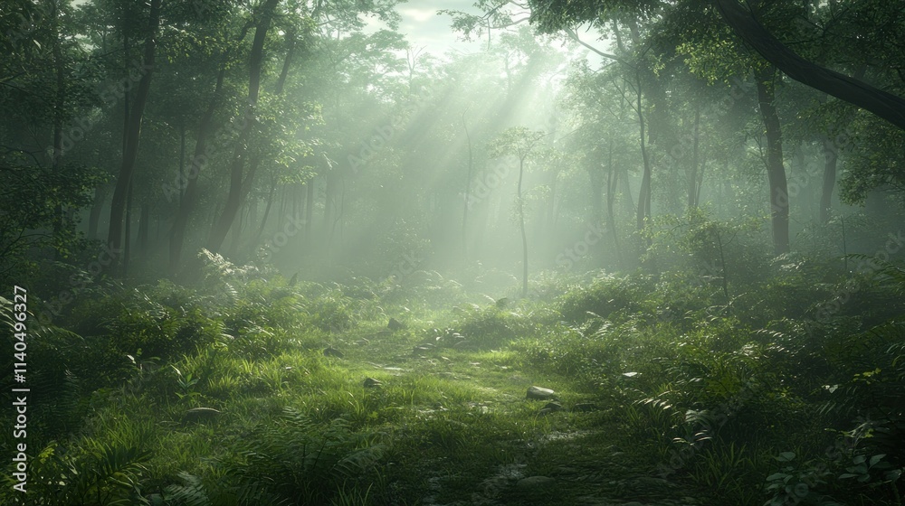Obraz premium Sunlight streams through a misty forest glade.