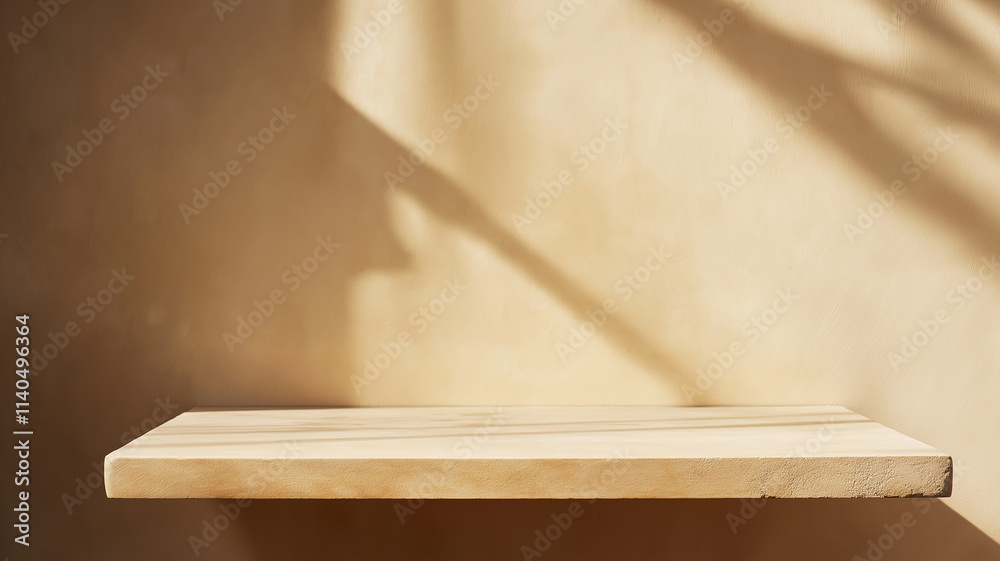 Empty wooden shelf with sunlight shadows. Concept of product display, minimalism, and natural light. Empty wooden shelf with sunlight shadows. Concept of product display, minimalism, and natural light.