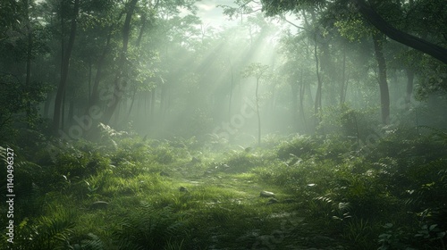 Sunlight streams through a misty forest glade.