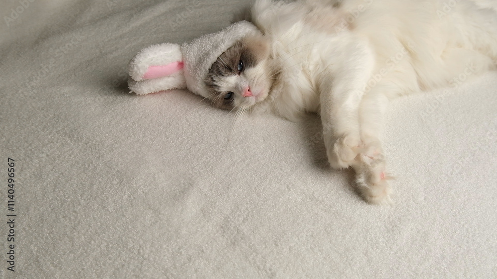White cat with bunny ears.