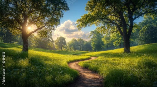 Misty forest path leads to wooden sign indicating trail direction in a serene...