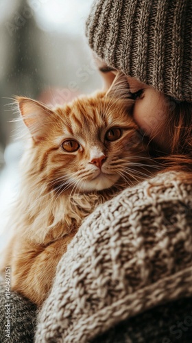 Cozy indoor moment with a woman and her fluffy orange cat in winter