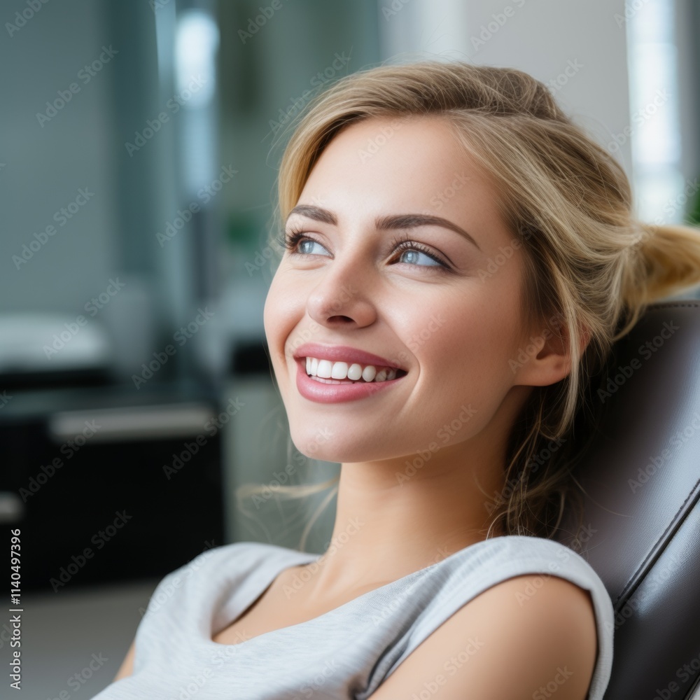 Portrait of a cheerful young businesswoman seated in a modern office chair, radiating confidence Portrait of a cheerful young businesswoman seated in a modern office chair, radiating confidence