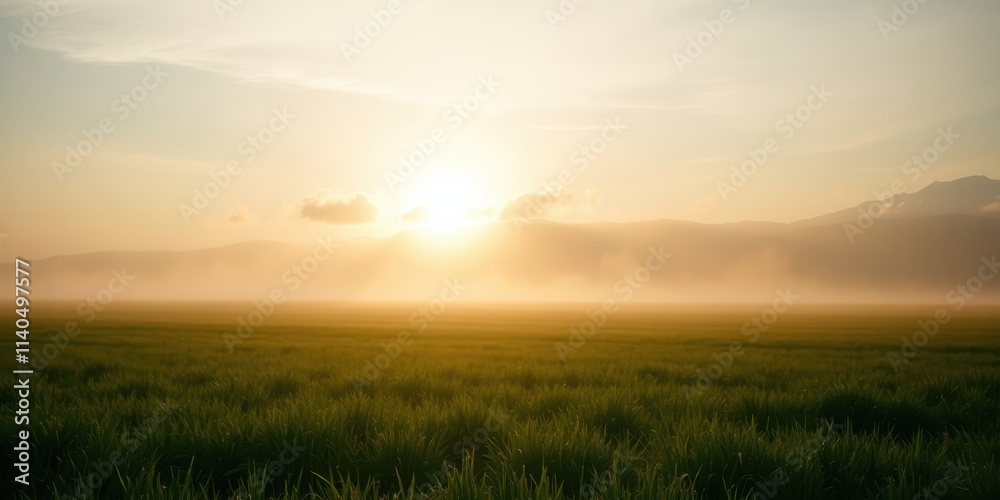 Serene Sunrise Over Misty Field and Distant Mountains Serene Sunrise Over Misty Field and Distant Mountains