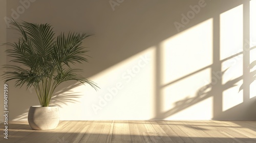 Bright sunlight illuminating a corner with a potted palm in a minimalistic in...