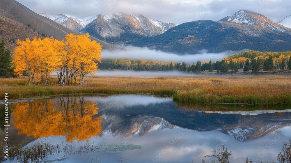 Serene autumn landscape with vibrant trees reflecting in a calm lake, surrounded by mountain, stunning, background. Serene autumn landscape with vibrant trees reflecting in a calm lake, surrounded by mountain, stunning, background.