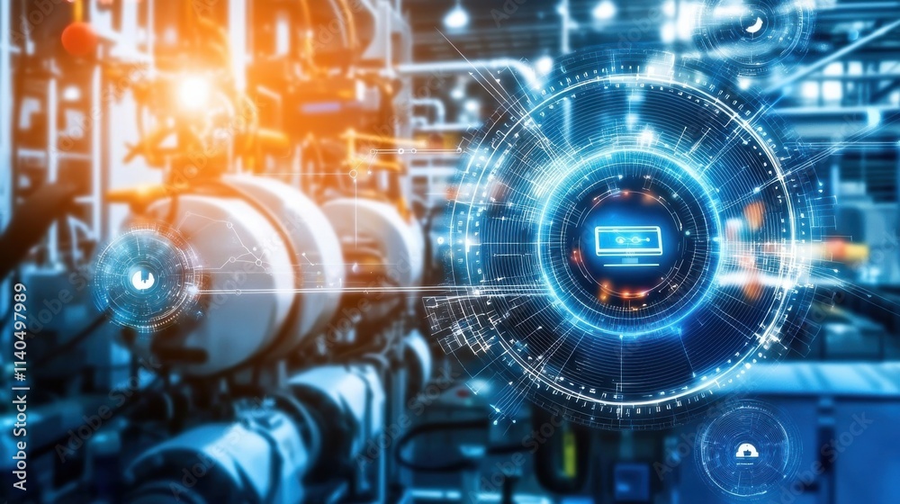 Obraz premium Advanced Industrial Technology with Digital Interface Overlaid on Manufacturing Equipment in a Modern Factory Setting for Future-Ready Innovations