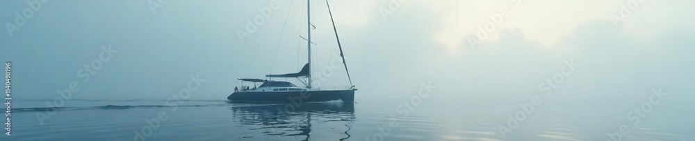 A sleek yacht floats motionless amidst the thick fog, its rigging swaying gently, misty, gentle, sailboat A sleek yacht floats motionless amidst the thick fog, its rigging swaying gently, misty, gentle, sailboat