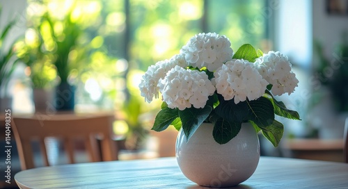 White flowers in a vase on a wooden table surrounded by greenery indoors