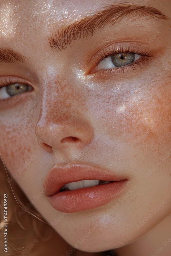 Fototapeta premium Close-up portrait of a freckled woman studio setting beauty photography natural light intimate perspective unique features