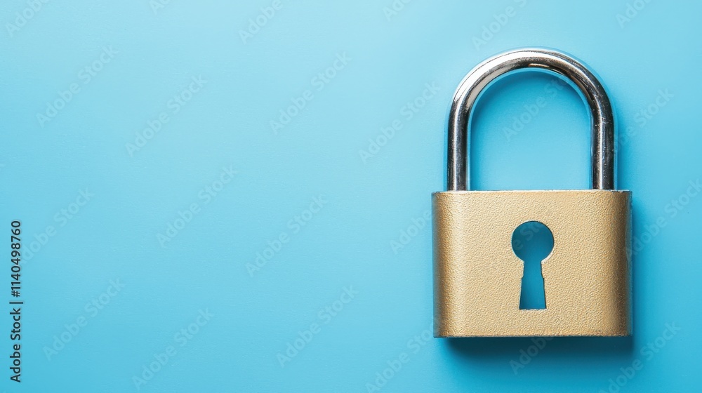 Gold Padlock on a Light Blue Background Symbolizing Security and Privacy in Digital and Physical Spaces, Ideal for Concepts Related to Protection and Safety Gold Padlock on a Light Blue Background Symbolizing Security and Privacy in Digital and Physical Spaces, Ideal for Concepts Related to Protection and Safety