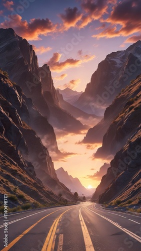 Asphalt highway snaking through the valley under a breathtaking mountain sky at sunset , highlandscapes, landscapepainting photo