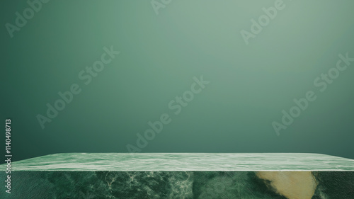 Empty green marble product display podium on matching background. Concept of luxury, elegance, and product showcase.