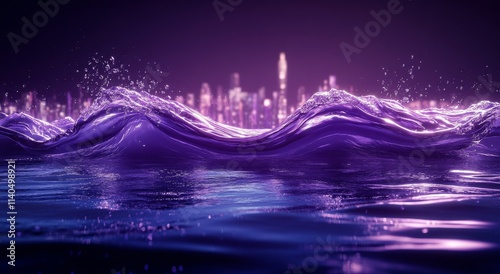 City skyline illuminated by purple lights reflecting on calm water at night