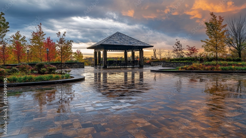 Obraz premium A serene outdoor pavilion surrounded by colorful trees and a reflective pathway after rain.