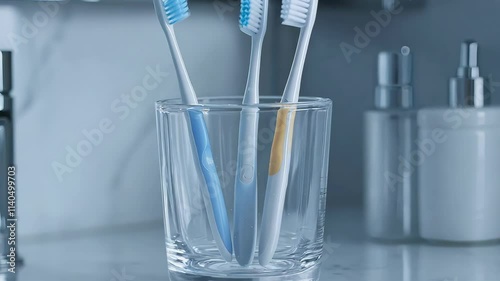 A clear glass cup on the bathroom counter holds toothbrushes.