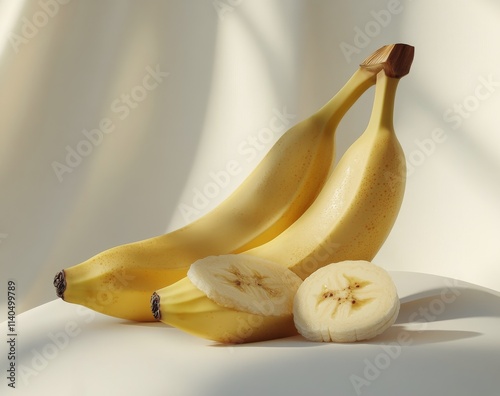 Fresh yellow bananas arranged with a sliced piece on a light background in br...