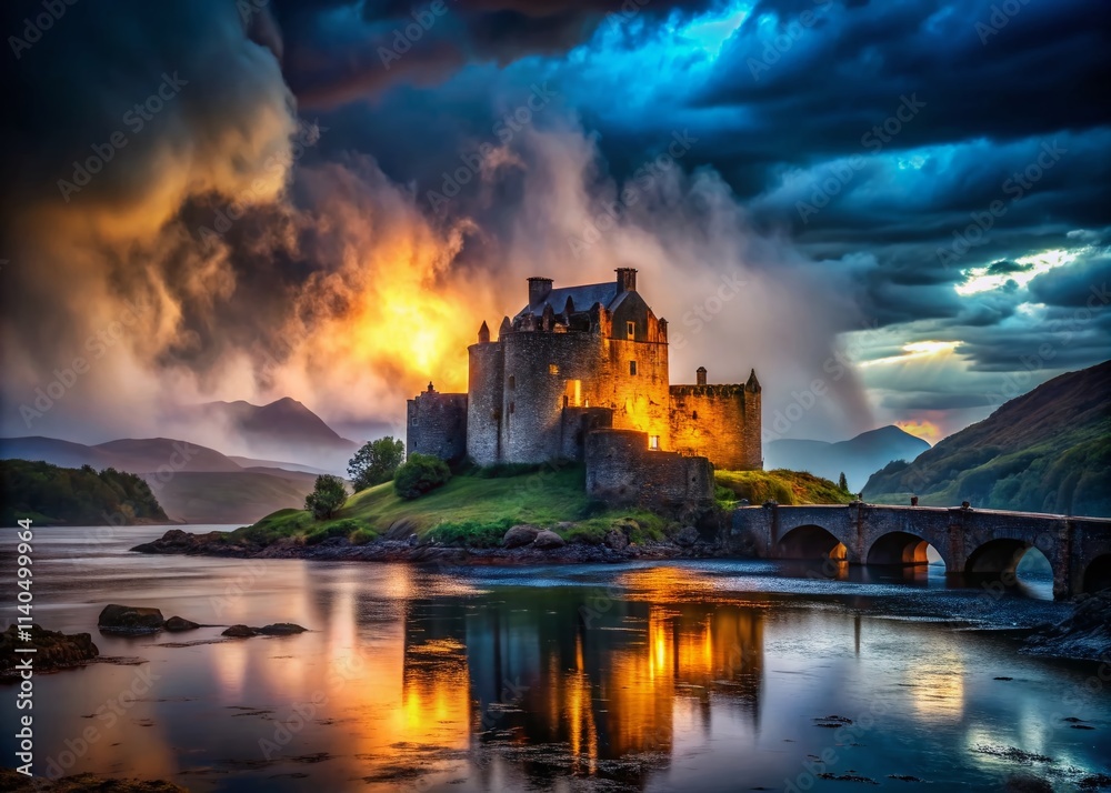 Fototapeta premium Macbeth Night Photography: Dark Scottish Highlands, Dramatic Lighting, Mysterious Castle, Moody Atmosphere, Tragedy, Power, Ambition