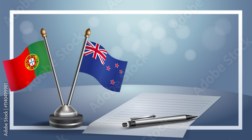 Portugal and New Zealand National flags on small table with bokeh background, cooperative relationship