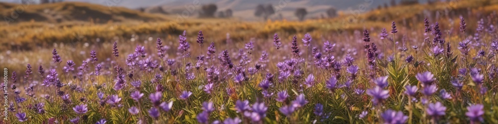Fototapeta premium Field of Purple Wildflowers Swaying in Autumn Breeze, field, nature, landscape
