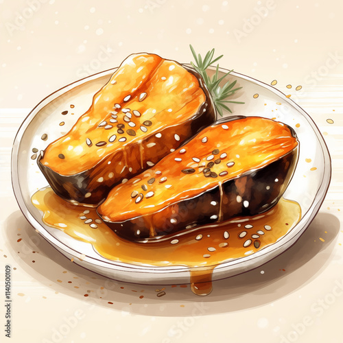 Anime-style illustration of delicious Japanese sweet roasted sweet potato (Daigaku Imo), served on a delicate plate, golden crispy skin. photo