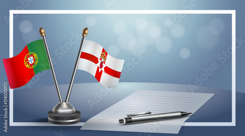 Portugal and Northern Ireland National flags on small table with bokeh background, cooperative relationship