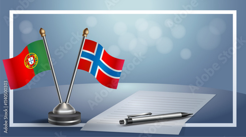 Portugal and Norway National flags on small table with bokeh background, cooperative relationship