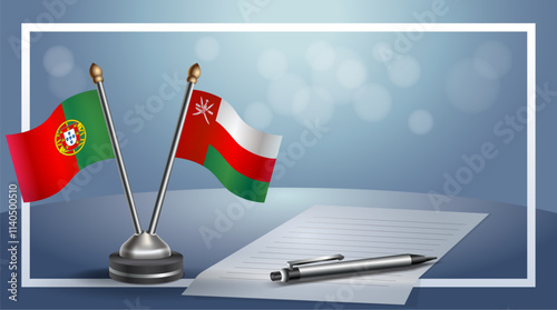 Portugal and Oman National flags on small table with bokeh background, cooperative relationship