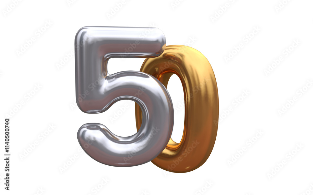 Numeral 50 - Golden plastic balloon number 10 isolated on white background. 3D style vector illustration. Numeral 50 - Golden plastic balloon number 10 isolated on white background. 3D style vector illustration.