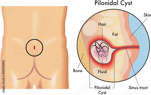 Medical illustration of pilonidal cyst, with annotations.