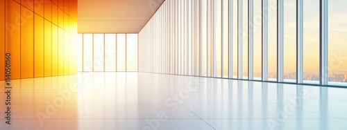 Bright and Spacious Modern Interior with Large Windows Showcasing Sunset Views in a Contemporary Office Environment