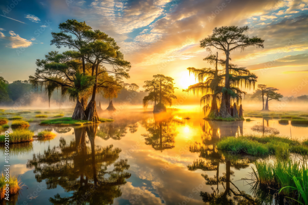 vibrant morning mist wraps around twisted cypress trees in serene swamp, reflecting golden sunrise on calm water surface, creating tranquil atmosphere vibrant morning mist wraps around twisted cypress trees in serene swamp, reflecting golden sunrise on calm water surface, creating tranquil atmosphere