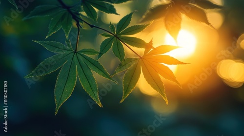 Sunlit maple leaves backlit at sunset.