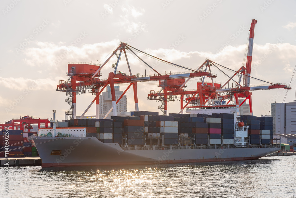 Container port and container crane at Industrial port for cargo container ship Osaka Japan. Business logistic transportation concept. Container port and container crane at Industrial port for cargo container ship Osaka Japan. Business logistic transportation concept.