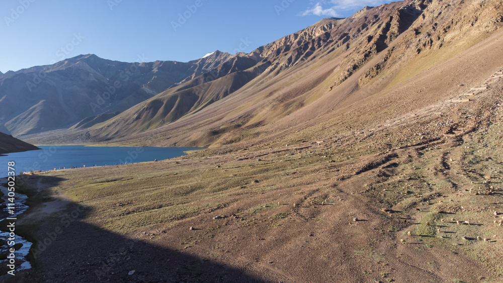 Aerial view of chandratal lake surrounded by snow-capped Himalayan mountains at chandratal in lahaul and spiti valley himachal pradesh, India. Aerial view of chandratal lake surrounded by snow-capped Himalayan mountains at chandratal in lahaul and spiti valley himachal pradesh, India.