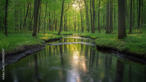 Tranquil forest with a winding stream reflecting sunlight in a lush green landscape