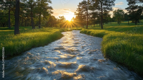 Tranquil forest with a winding stream reflecting sunlight in a lush green lan...
