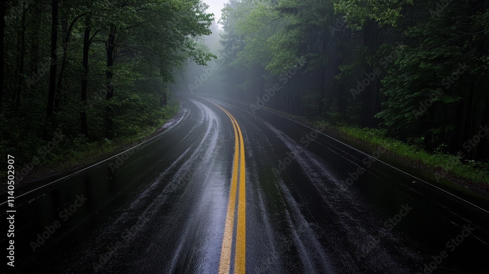 Fototapeta premium A winding, rain-soaked road surrounded by dense, misty forest.