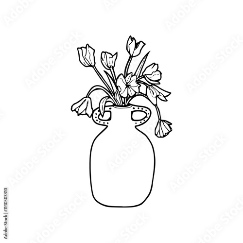  a line art drawing of a vase with flowers illustration